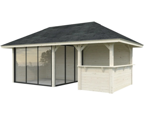 Holzpavillon mit Schiebetüren und Dach