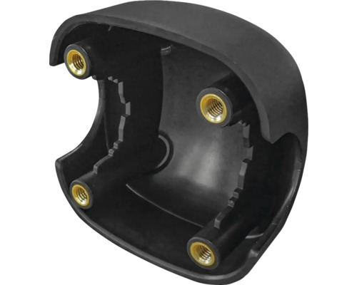 Schwarzes Gehäuse mit Gewindeeinsätzen zur Befestigung.