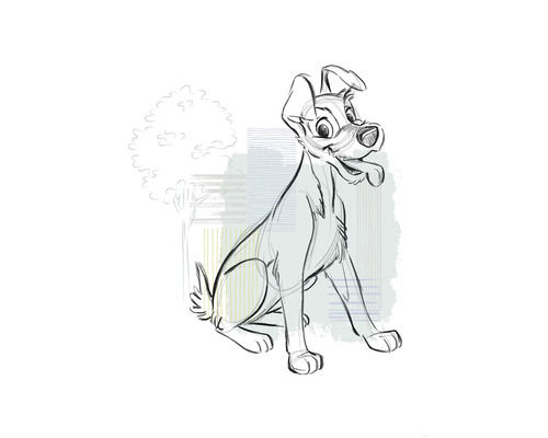 Skizze eines sitzenden Hundes mit Baum im Hintergrund