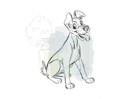 Illustration eines sitzenden Hundes mit Baum im Hintergrund