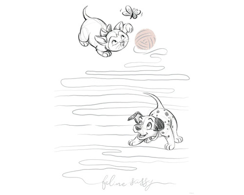 Skizze einer spielenden Katze und eines Dalmatinerwelpen mit einem Schmetterling und einem Wollknäuel