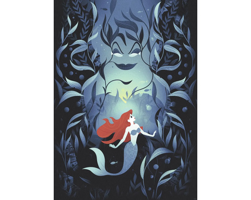 Illustration einer Meerjungfrau unter dem Meer mit einer großen Figur im Hintergrund