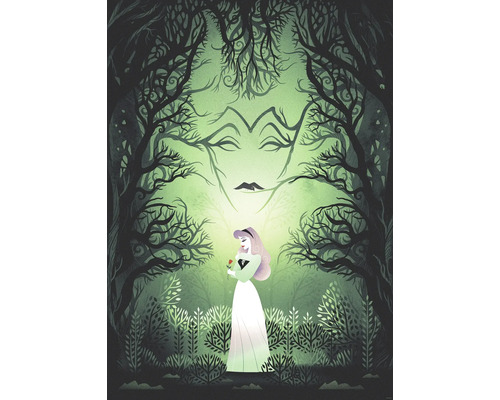 Illustration einer Frau, die eine Rose hält, in einem Wald mit einem Gesicht aus Bäumen.