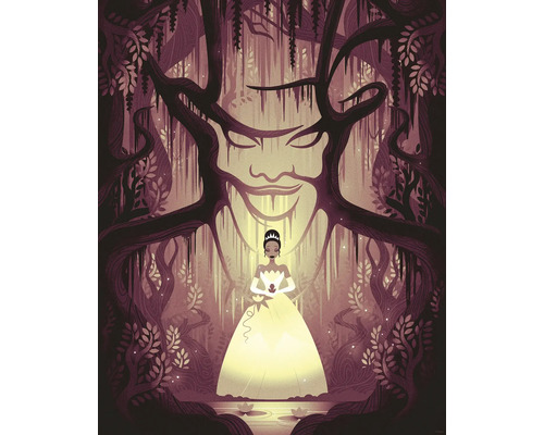 Illustration einer Frau im Ballkleid vor einem Baum mit einem Gesicht im Wald