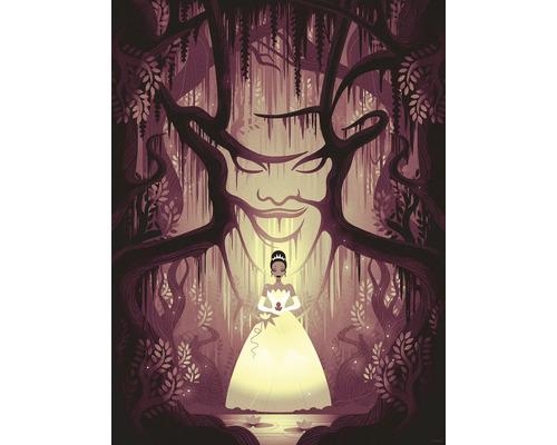 Illustration einer Frau in einem Ballkleid, die in einem Wald steht, mit einem Gesicht, das aus Ästen geformt ist