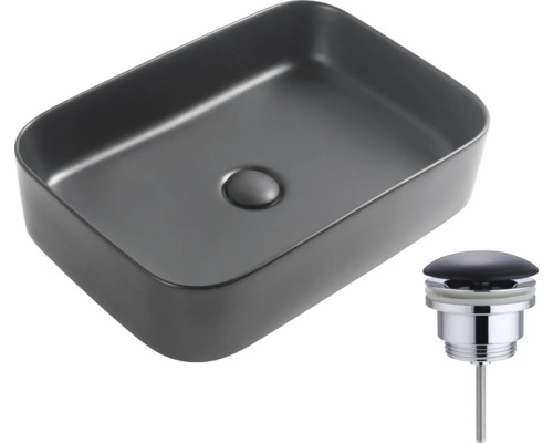 Rechteckiges Aufsatzwaschbecken aus Keramik mit Ablaufgarnitur