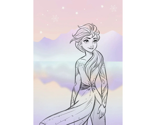 Illustration einer jungen Frau mit langem Haar und verzierten Kleidern vor einer Bergkulisse.