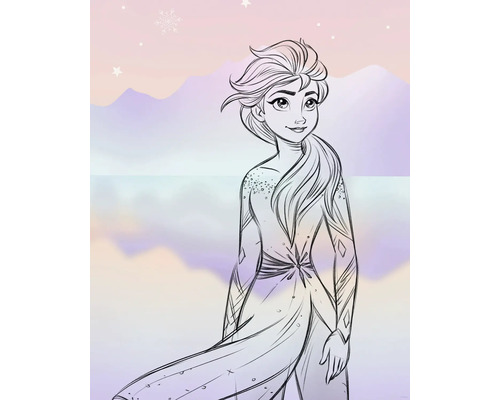 Illustration von Elsa aus Die Eiskönigin vor einer Bergkulisse