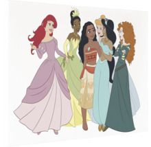 Illustration von sechs Disney Prinzessinnen, darunter Arielle, Tiana, Vaiana, Cinderella, Jasmin und Merida.