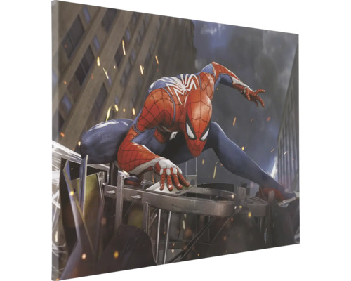 Leinwandbild Marvel Spider-Man Landing 90x60 cm Leinwanddruck mit Spider-Man-Motiv vor einer Stadtkulisse