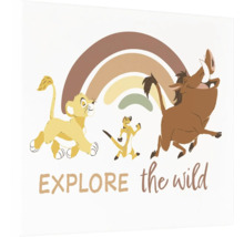 Illustration mit den Figuren Simba, Timon und Pumbaa aus König der Löwen und einem Regenbogen.