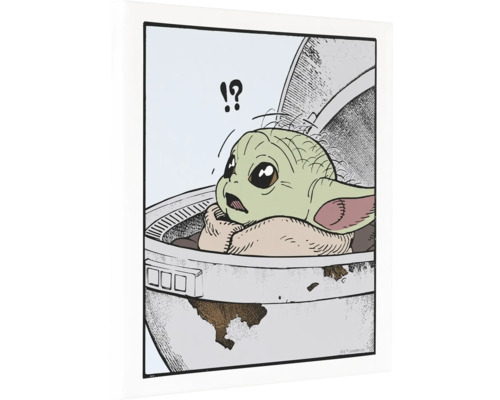 Illustriertes Bild von Baby Yoda in seinem Kinderwagen mit einem Fragezeichen und einem Ausrufezeichen darüber