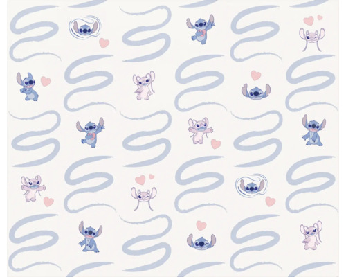 Tapete mit Stitch- und Engel-Motiven sowie geschwungenen Linien