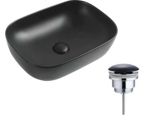 Schwarzes Aufsatzwaschbecken mit Ablaufgarnitur