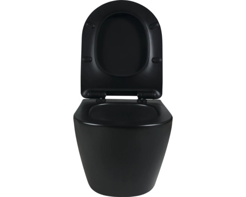 Schwarze Tiefspültoilette mit offenem Toilettendeckel