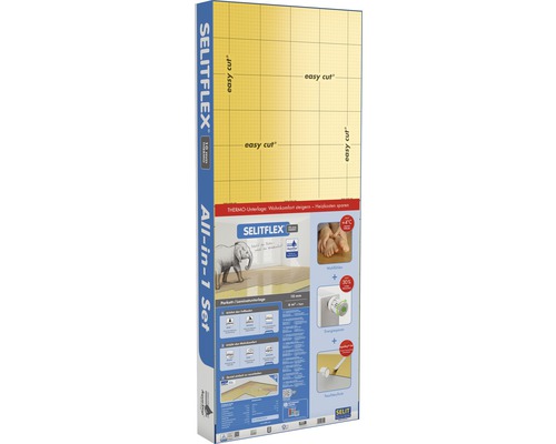 Parkett- und Laminatunterlage SELITFLEX® 10 mm THERMO 6m² + Tape Selitflex All-in-1 Set Verpackung