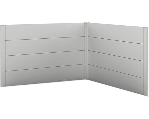 Sichtschutz Biohort für Belvedere L-Form 2 Stück L150 silber-metallic Winkelansicht eines Sichtschutzzauns aus horizontalen Paneelen