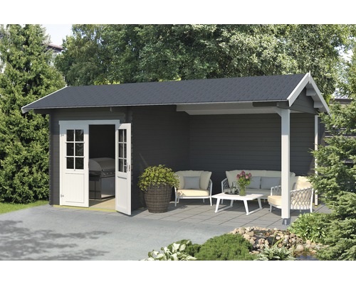 Gartenhaus mit überdachter Terrasse und Gartenmöbeln im Außenbereich.