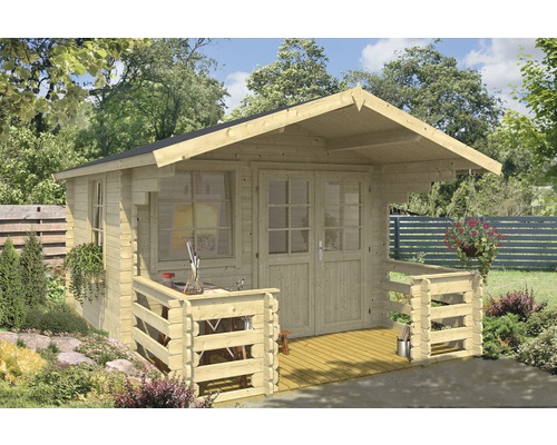 Gartenhaus Lola 2 inkl. Fußboden, Blumenkasten, Terrasse 340,4 x 470 cm natur