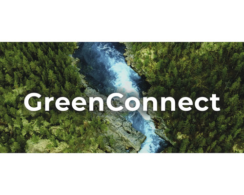 GreenConnect Logo über einer Luftaufnahme eines Flusses zwischen Wäldern