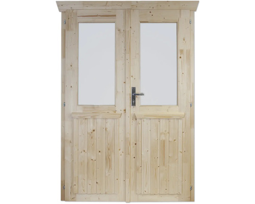 Doppeltür aus Holz mit Glaseinsätzen und Metallgriff