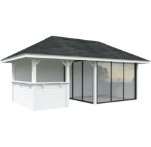 Weißer Pavillon mit Glasfront und dunklem Dach