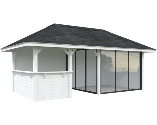 Weißer Pavillon mit Glasfront und dunklem Dach