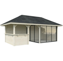 Holzpavillon mit Schindeldach und Glaswänden