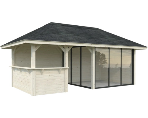 Holzpavillon mit Schindeldach und Glaswänden