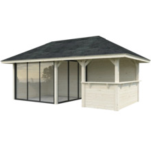 Holzpavillon mit Glasfront und Bar