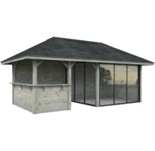 Holzgartenhaus mit Schindeldach und Fensterfront