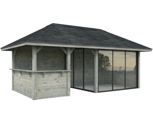 Holzgartenhaus mit Schindeldach und Fensterfront