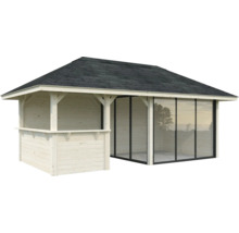 Gartenhaus aus Holz mit Glasfront und Bitumendach