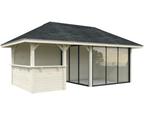 Gartenhaus aus Holz mit Glasfront und Bitumendach