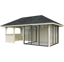Holzpavillon mit Dach und Glasschiebetüren für den Garten