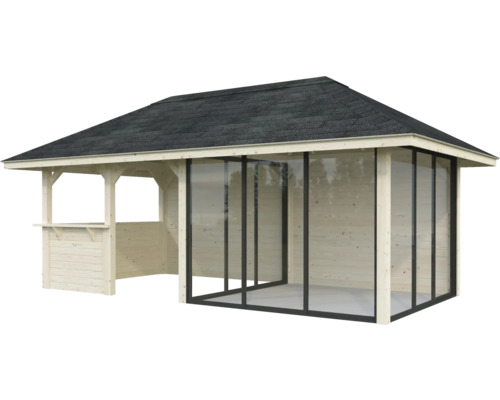Holzpavillon mit Dach und Glasschiebetüren für den Garten