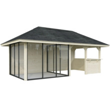 Holzpavillon mit Fensterfront und Dach