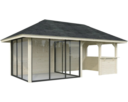Holzpavillon mit Fensterfront und Dach