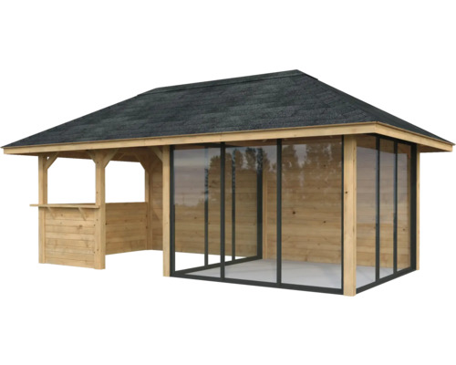 Holzpavillon mit Dach und Glasschiebetüren