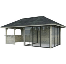 Gartenpavillon mit Holzverkleidung, Glasfront und dunklem Dach