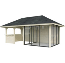 Holzpavillon mit Schindeldach und Verglasung