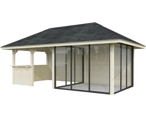 Holzpavillon mit Schindeldach und Verglasung