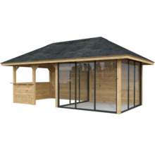 Holzpavillon mit Dach und seitlichen Glaselementen