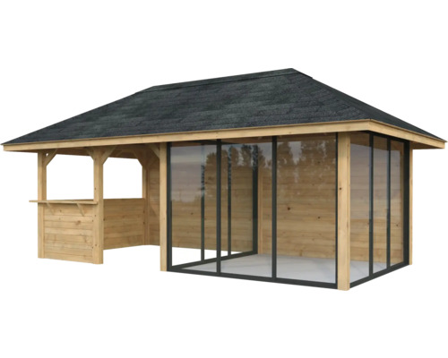 Holzpavillon mit Dach und seitlichen Glaselementen
