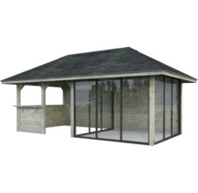 Gartenpavillon mit Holzstruktur und Glaswänden
