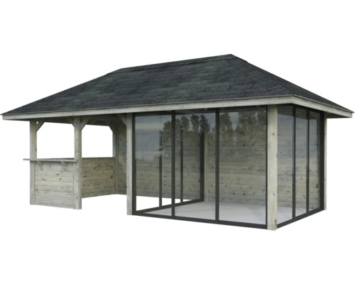 Gartenpavillon mit Holzstruktur und Glaswänden