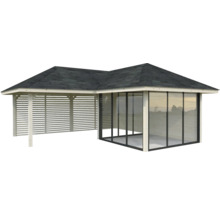 Holz Pavillon mit Glasschiebewänden und Lamellenwand