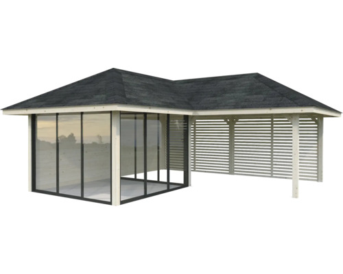 Pavillon mit Glaswänden und Lamellenwänden für den Garten