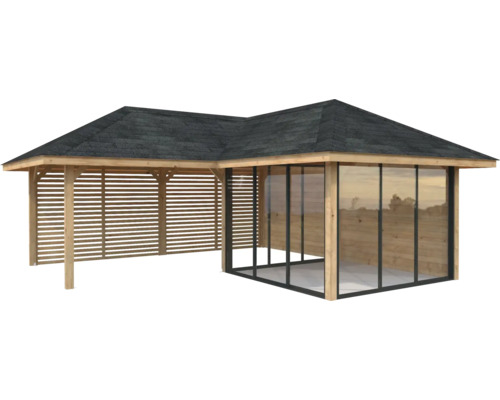 Holz Pavillon mit Glaswand und Lamellenwand