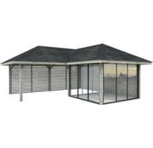 Pavillon mit Holzrahmen, Glaswänden und Dach
